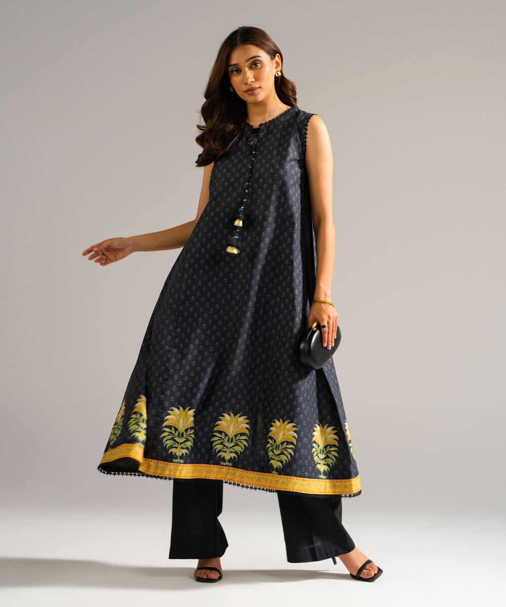Women's RTW Slub Lawn Printed Black Flared Shirt