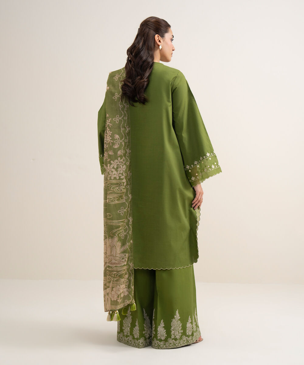 Women's Unstitched Slub Lawn Embroidered Parrot Green 3 Piece Suit