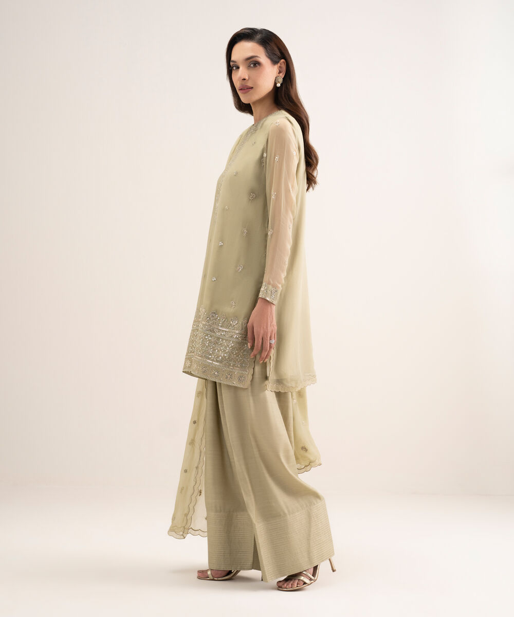 Women's Unstitched Blended Chiffon Embroidered Green 3 Piece Suit