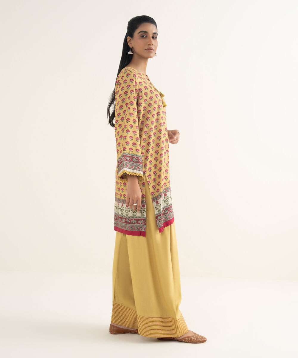 Women's RTW Linen Viscose Printed Pale Yellow Straight Shirt