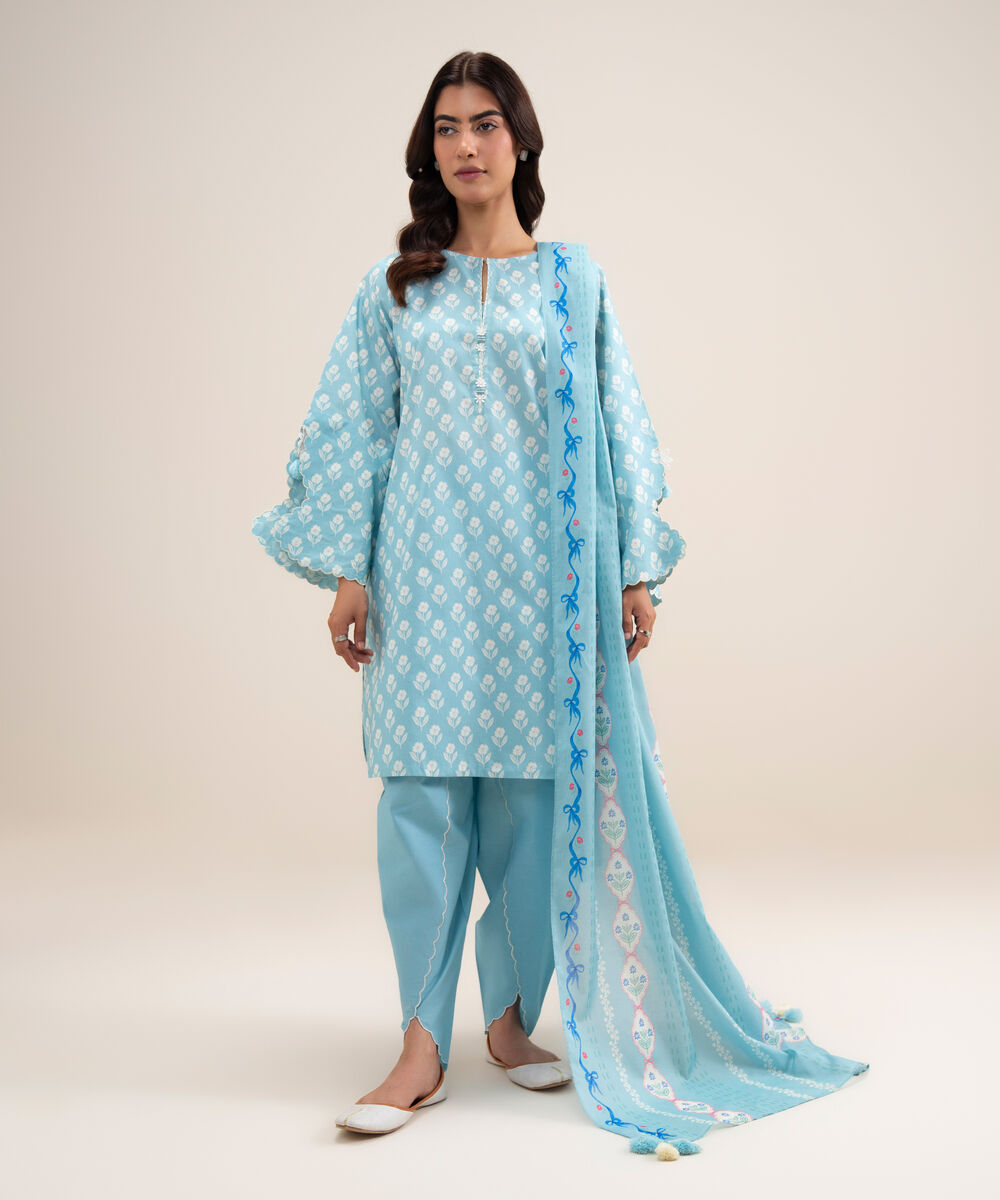 Women's Unstitched Lawn Printed Ice Blue 3 Piece Suit