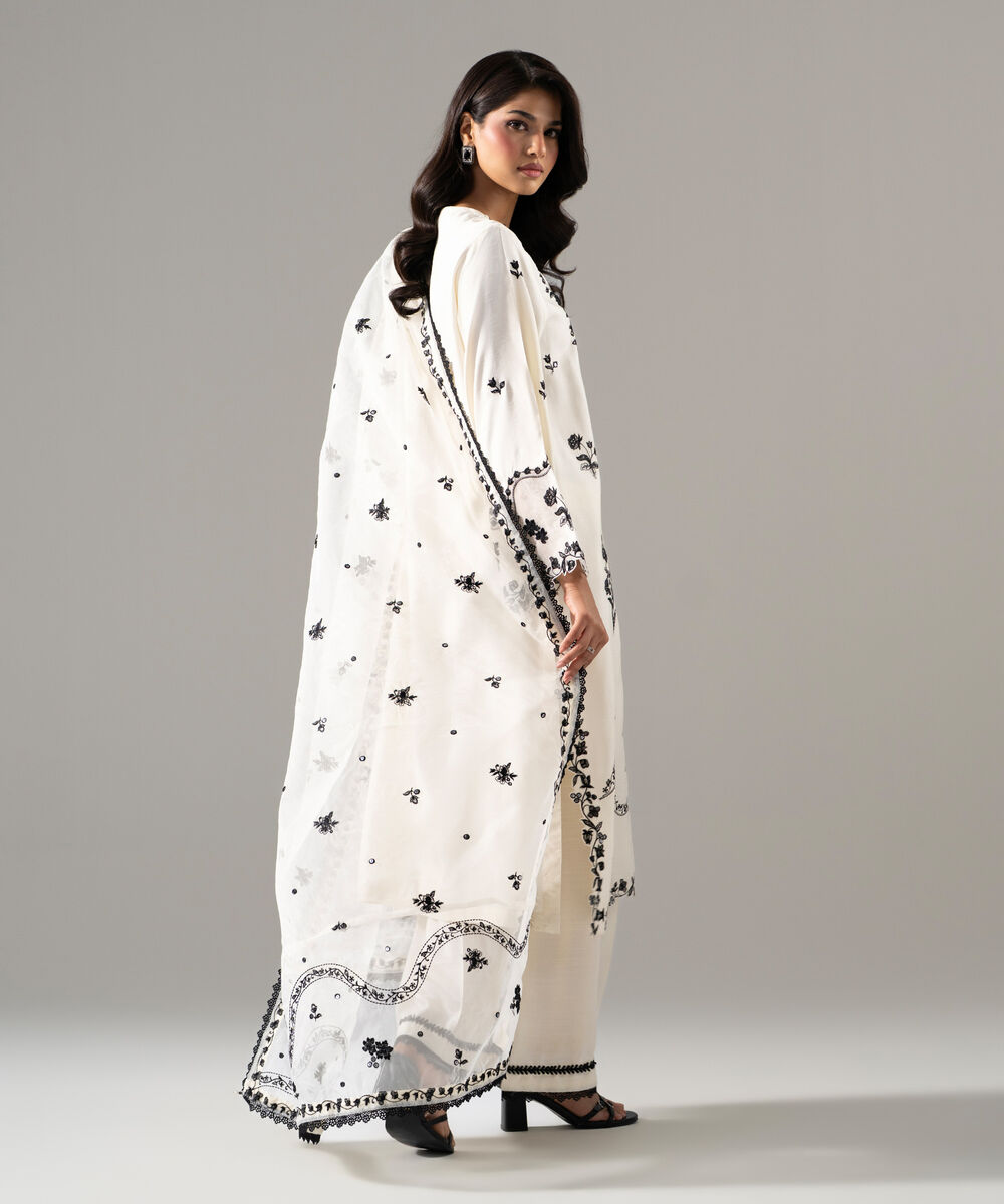 Women's RTW Raw Silk Solid Embroidered Off White 3 Piece Suit