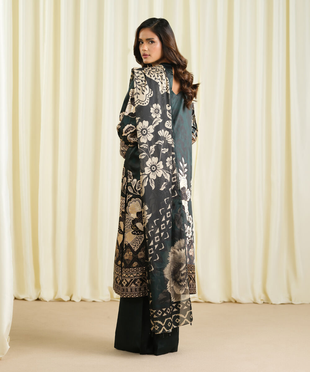 Women's Unstitched Blended Satin Printed Green 3 Piece Suit