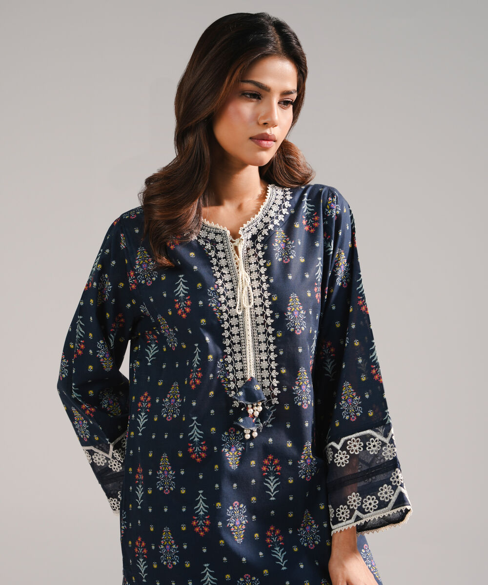 Women's RTW Slub Lawn Embroidered Dark Blue Straight Shirt