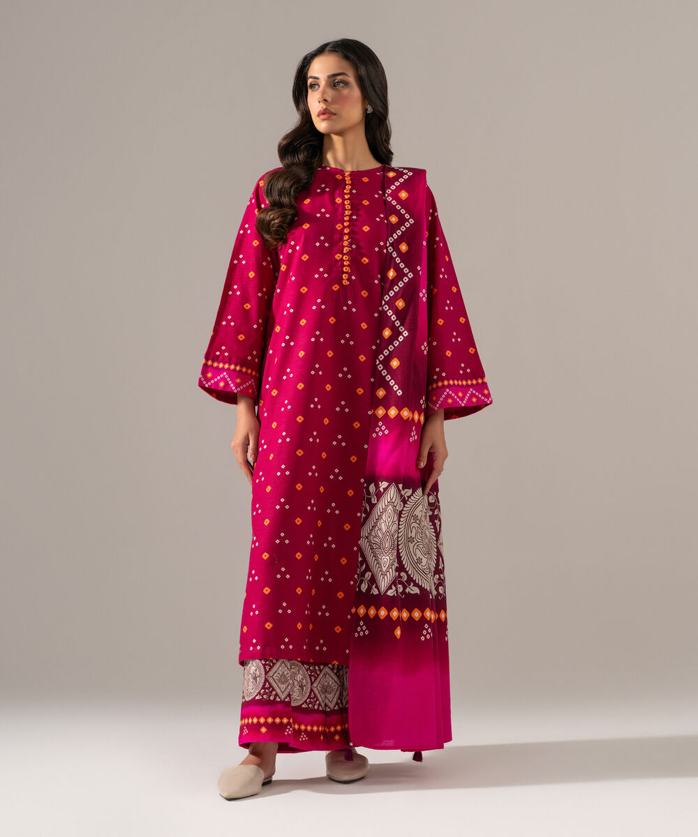 Women's RTW Khaddar Printed Pink 3 Piece Suit