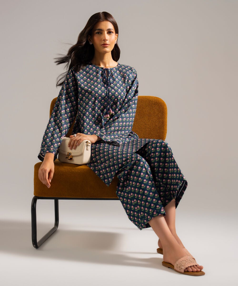 Women's RTW Lawn Printed Blue Straight Shirt