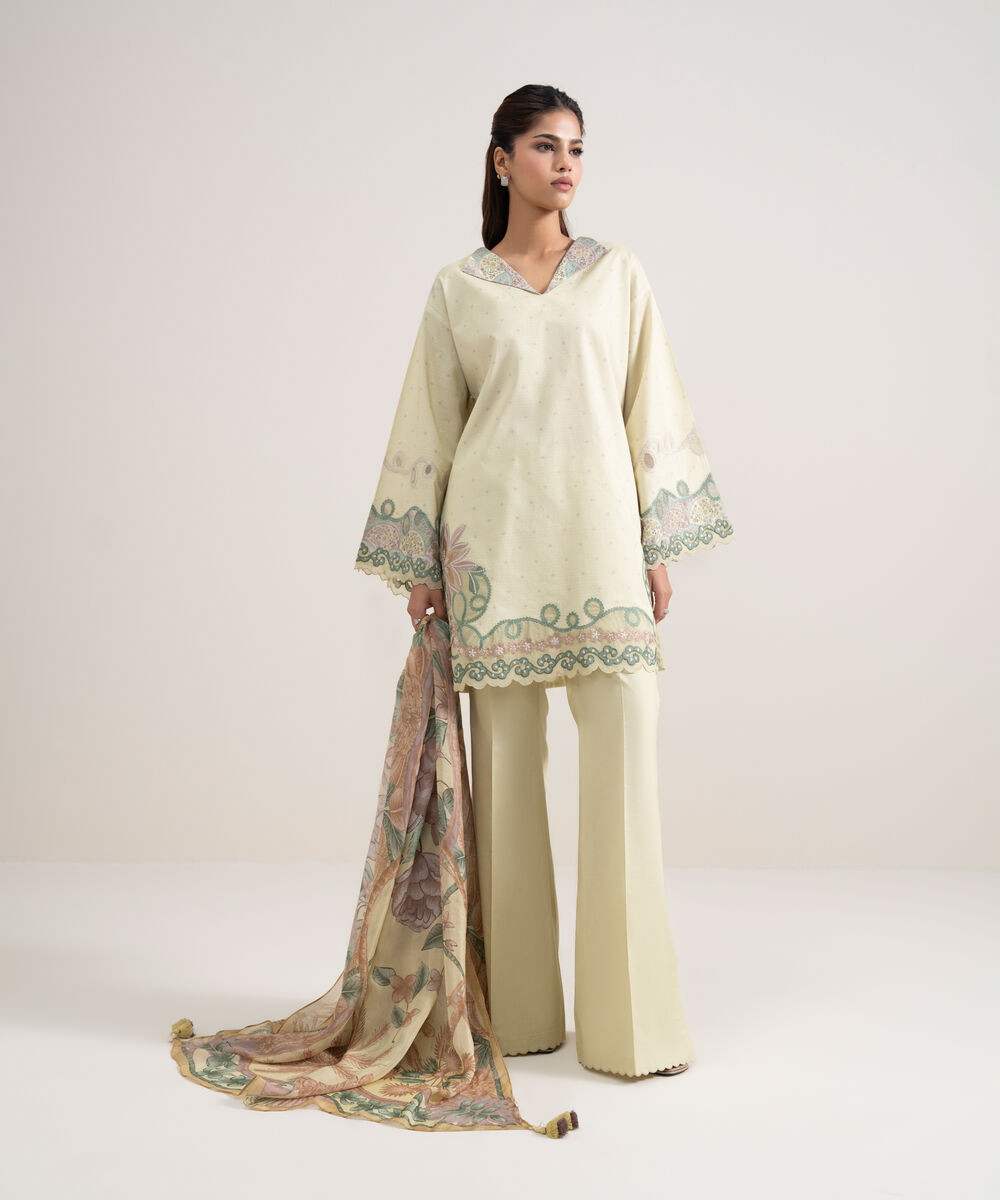 Women's Unstitched Dobby Embroidered Light Yellow 3 Piece Suit