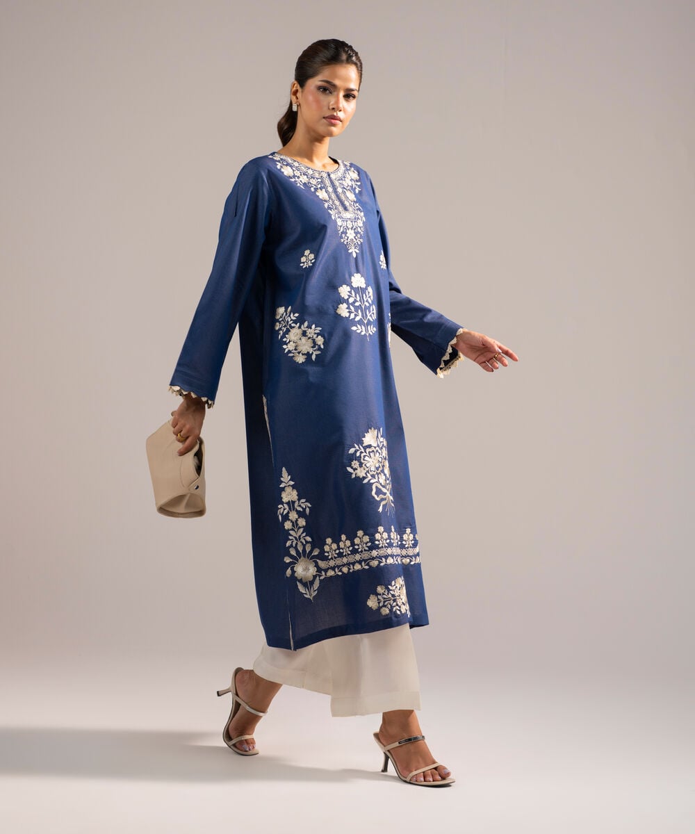 Women's RTW Zari Lawn Embroidered Dark Blue A-Line Shirt