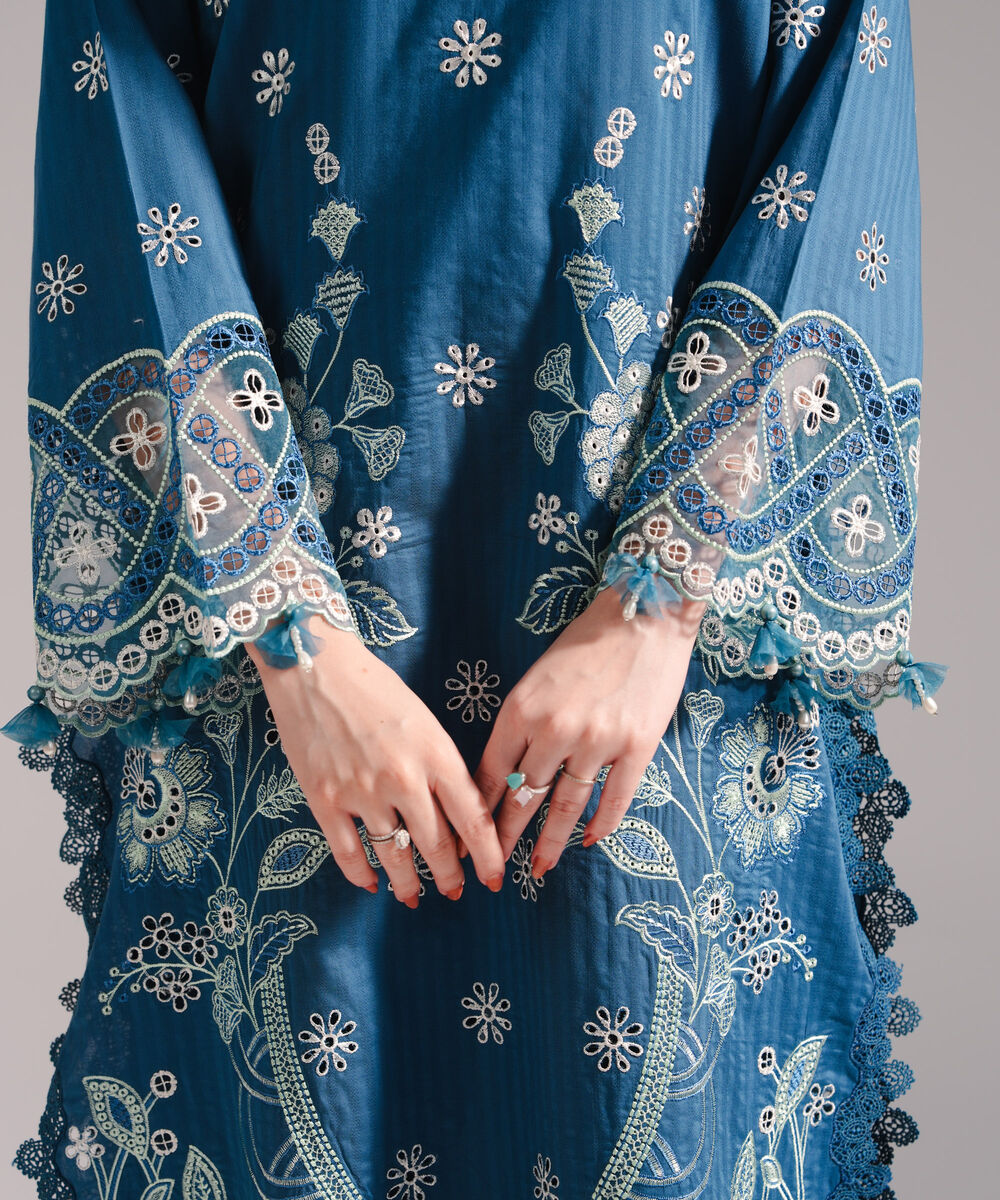 Women's RTW Textured Cotton Embroidered Teal 2 Piece Suit