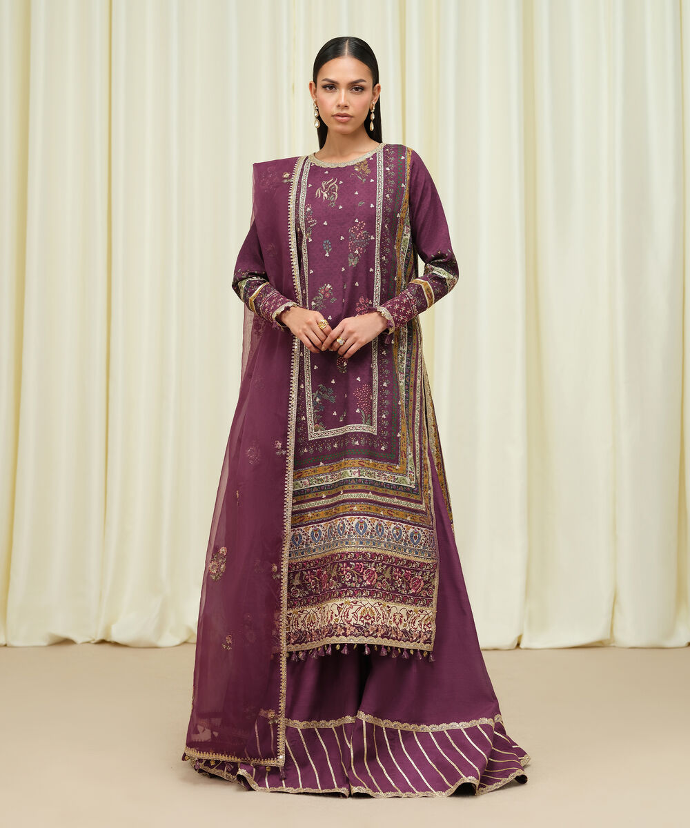 Women's Unstitched Raw Silk Embroidered Purple 3 Piece Suit