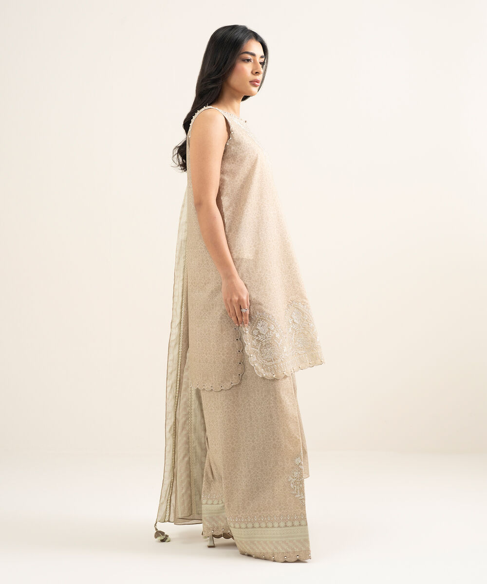 Women's Unstitched Lawn Beige Embroidered 3 Piece Suit