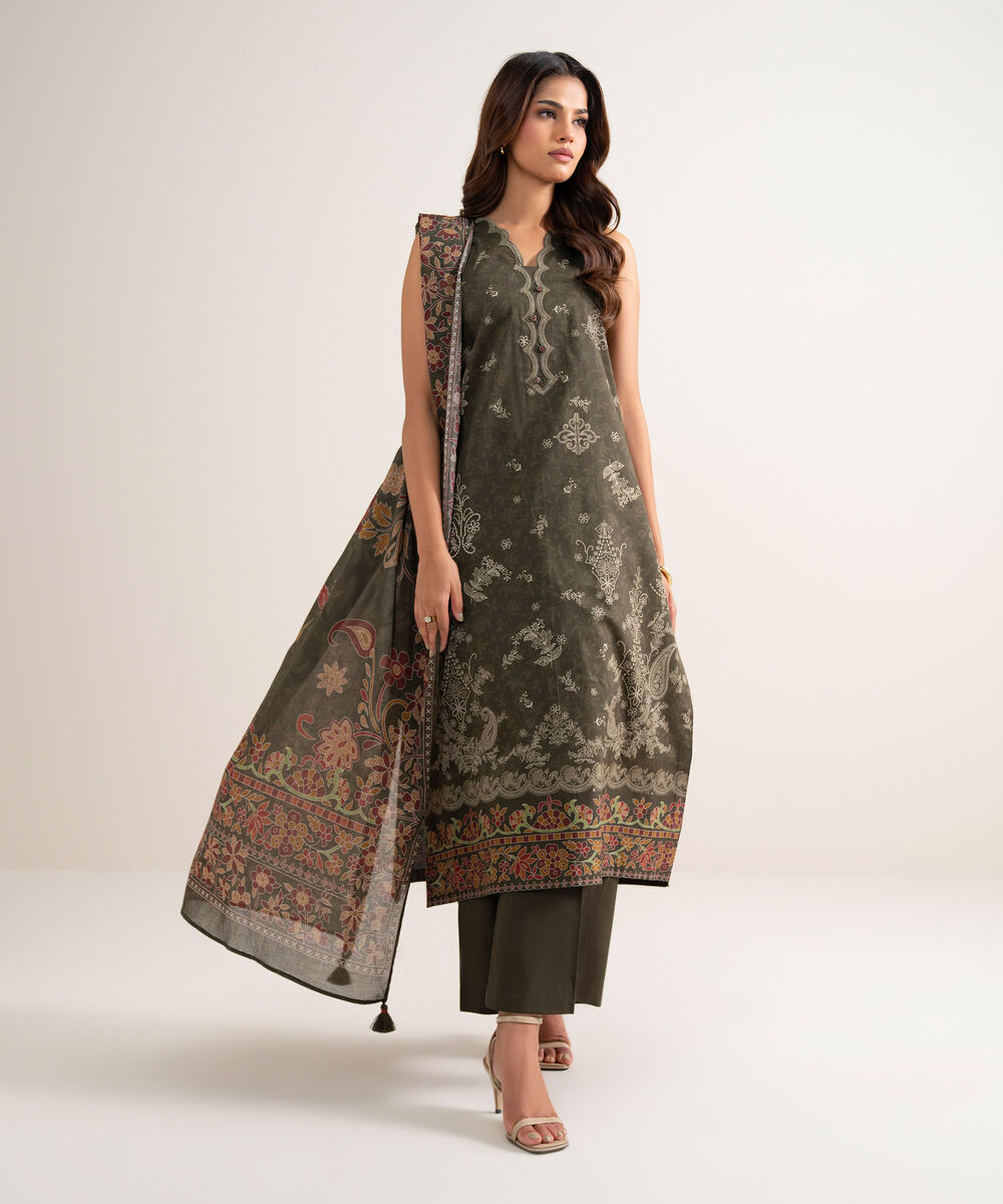 Women's Unstitched Printed Lawn Olive Green 3 Piece Suit