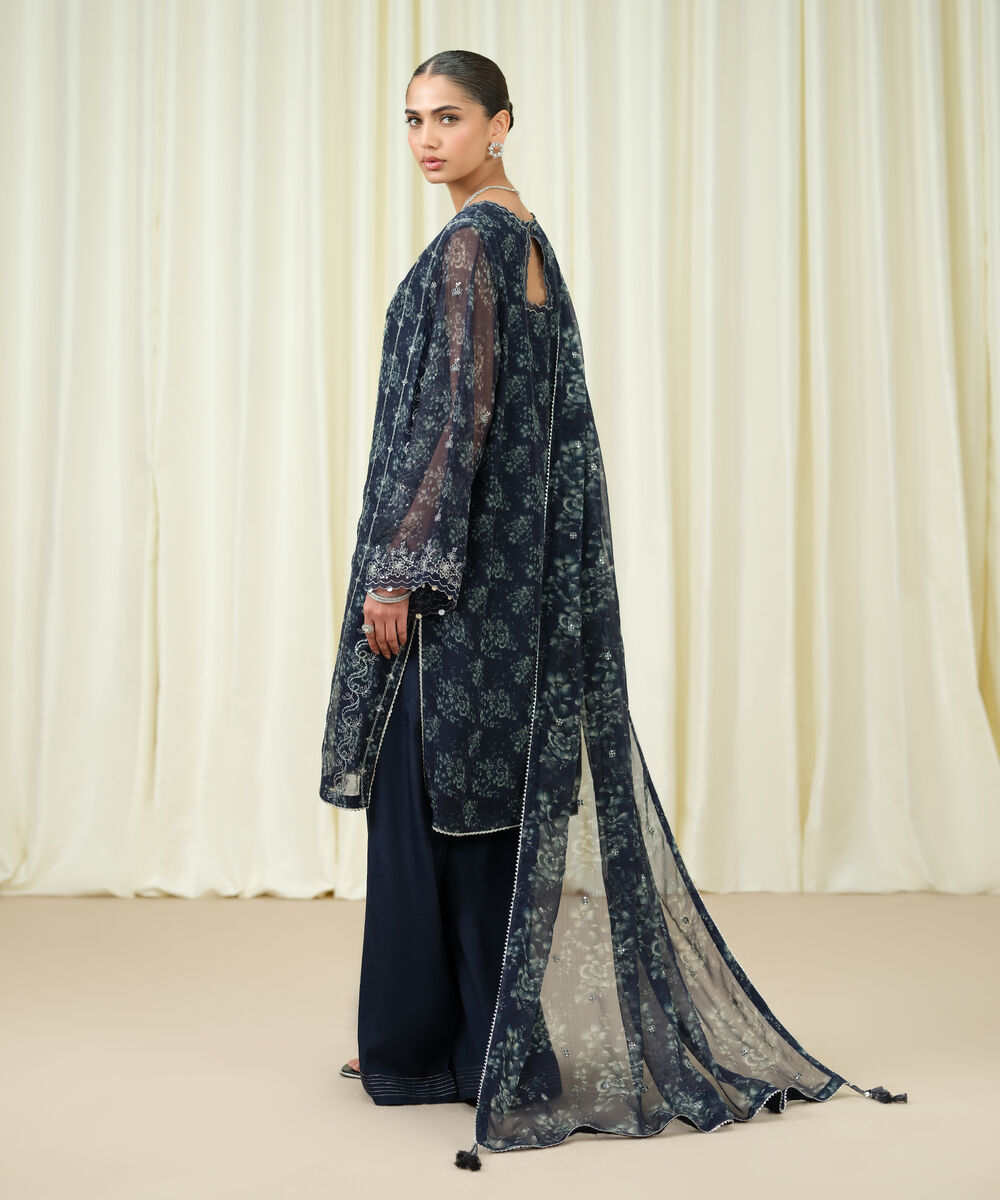 Women's Unstitched Blended Chiffon Embroidered Blue 3 Piece Suit