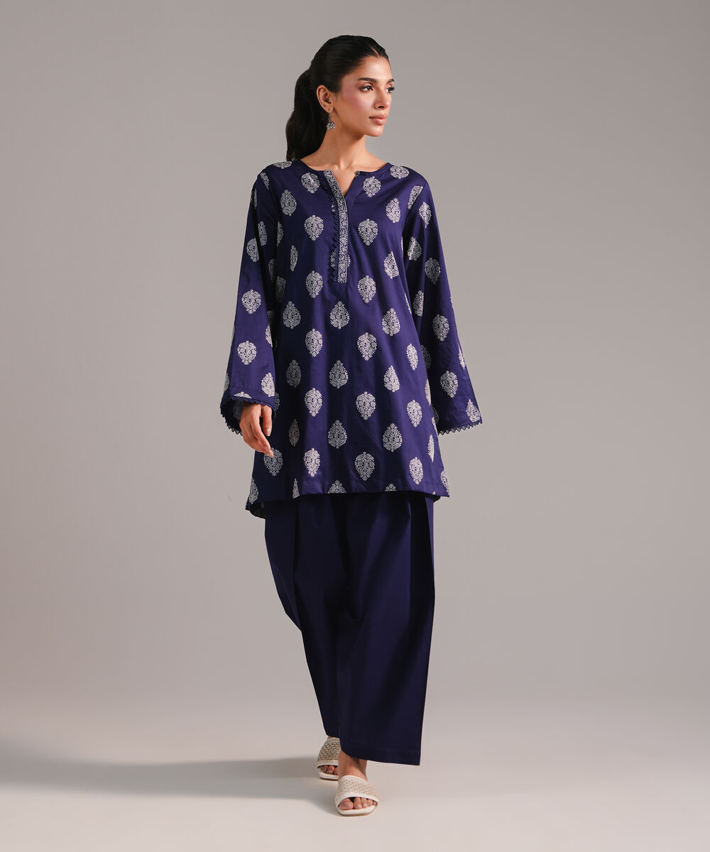 Women's RTW Lawn Printed Dark Blue Straight Shirt