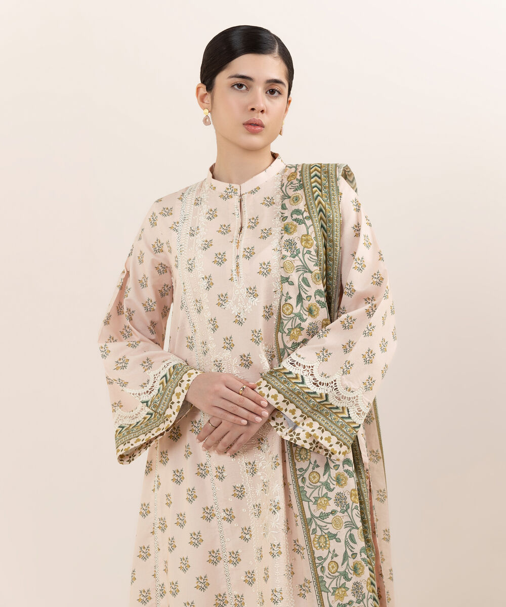 Women's Unstitched Lawn Embroidered Pink Two Piece Suit