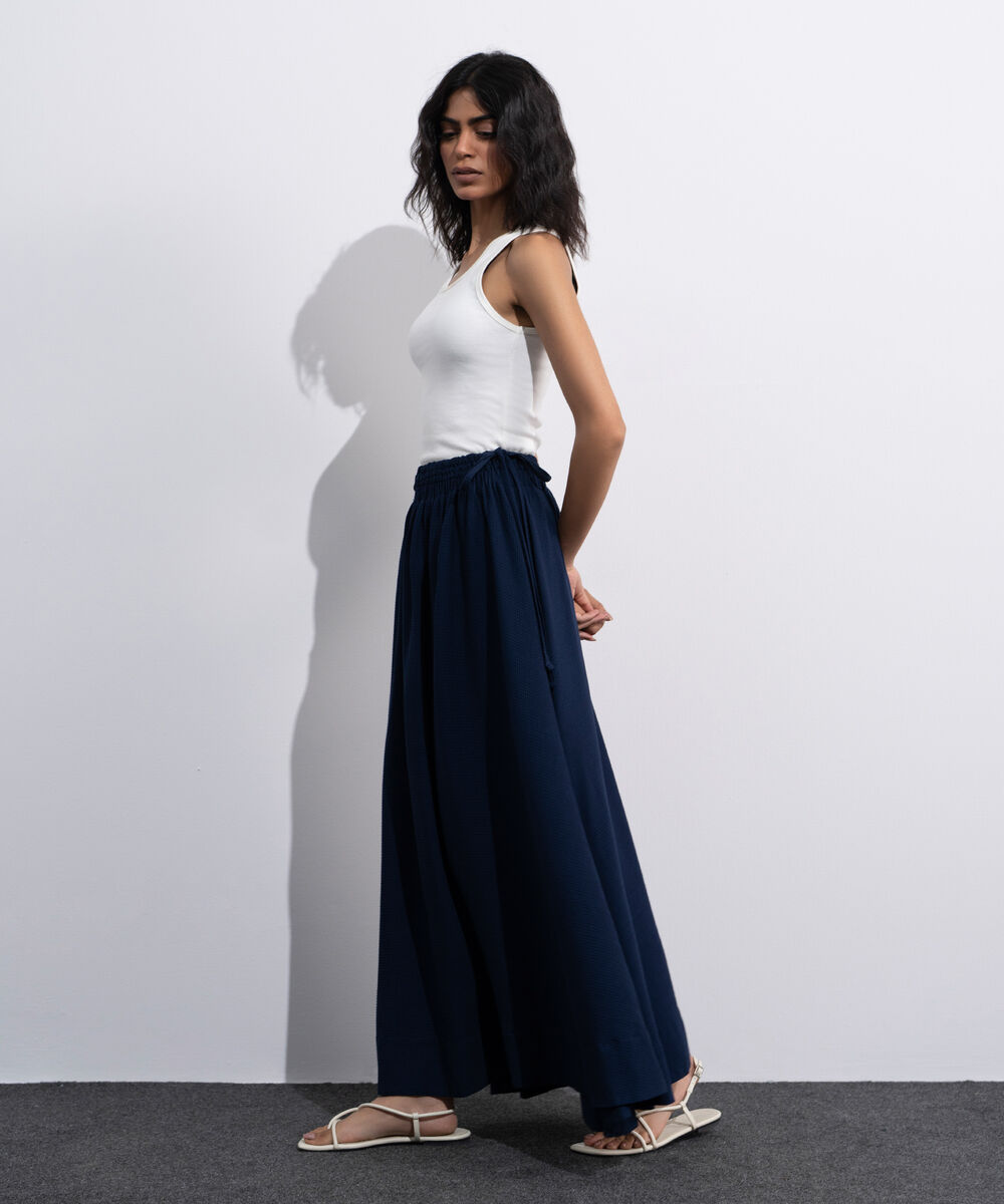 Women's Blue Smocked Skirt With Tie Detail