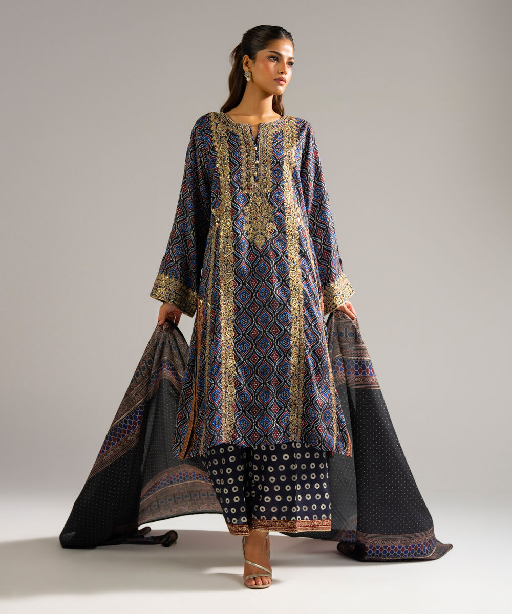 Women's RTW Bright Raw Silk Embroidered Black 3 Piece Suit