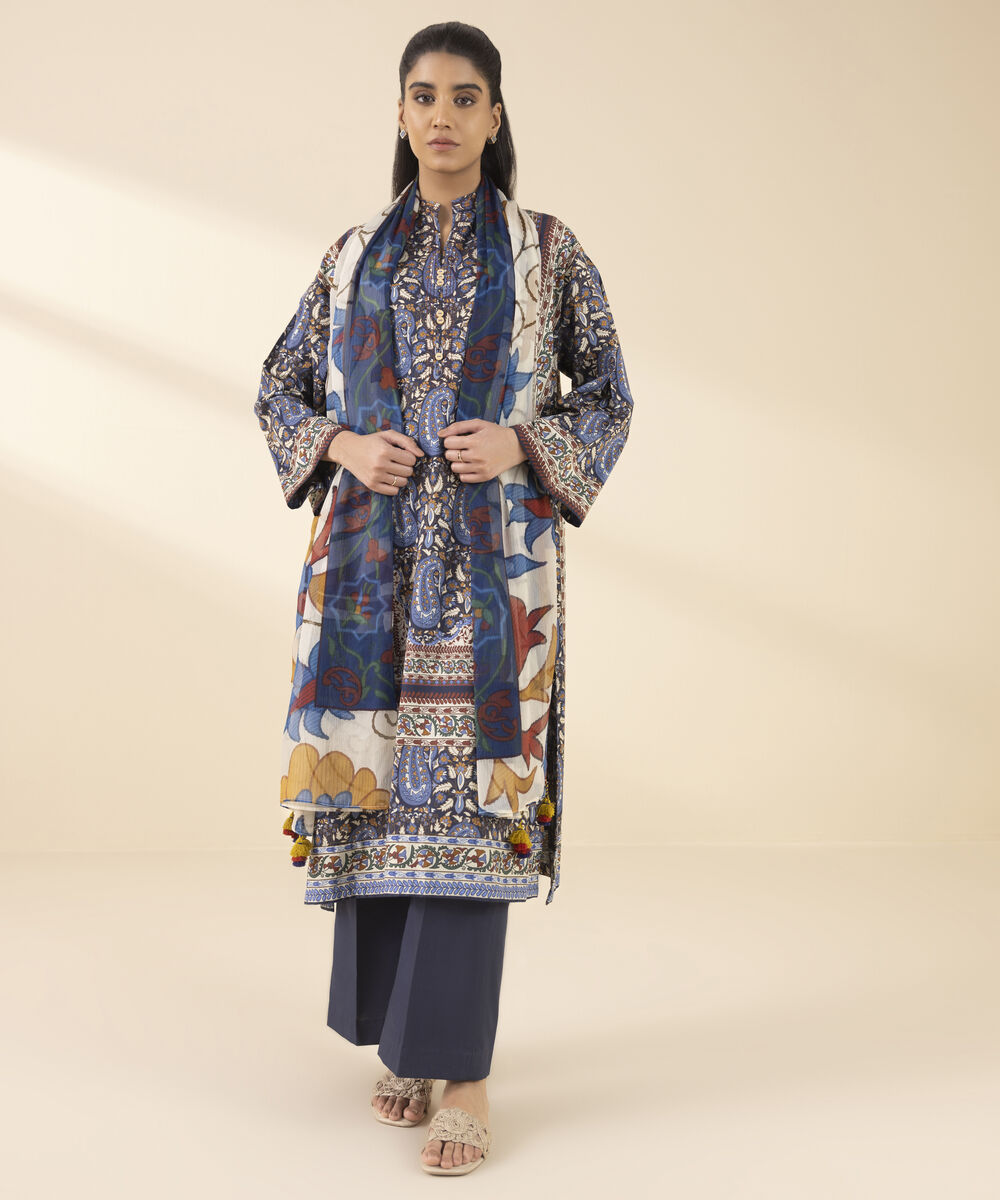 Unstitched Women's Blue Lawn 3 Piece Suit