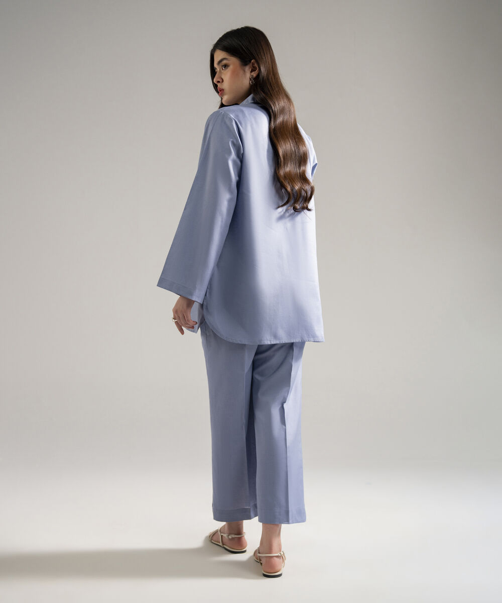 Women's RTW Cotton Linen Solid Steel Blue 2 Piece Suit