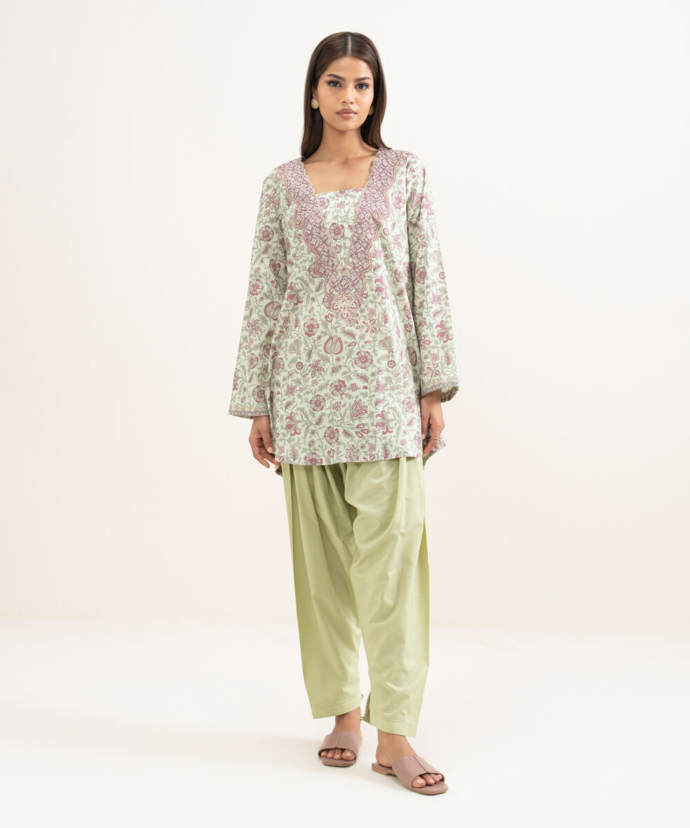 Women's RTW Cotton Viscose Embroidered Mint Green Straight Shirt