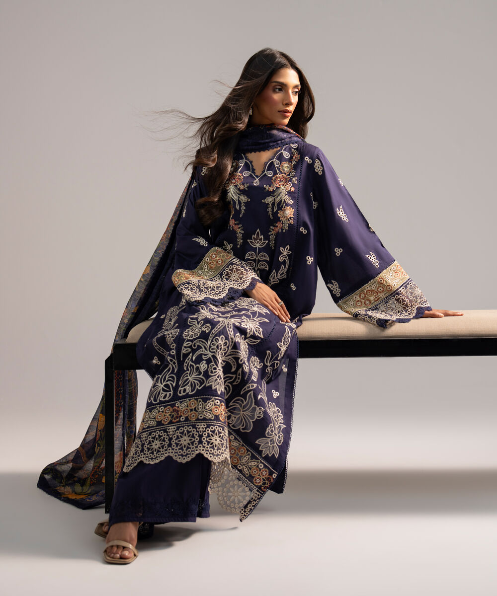 Women's RTW Lawn Embroidered Blue 3 Piece Suit