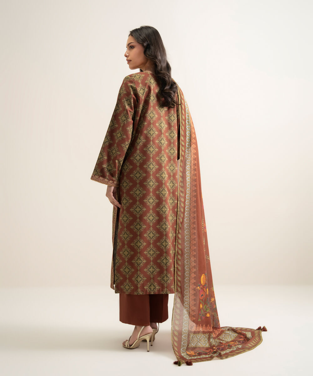 Women's Unstitched Lawn Embroidered Rust 3 Piece Suit
