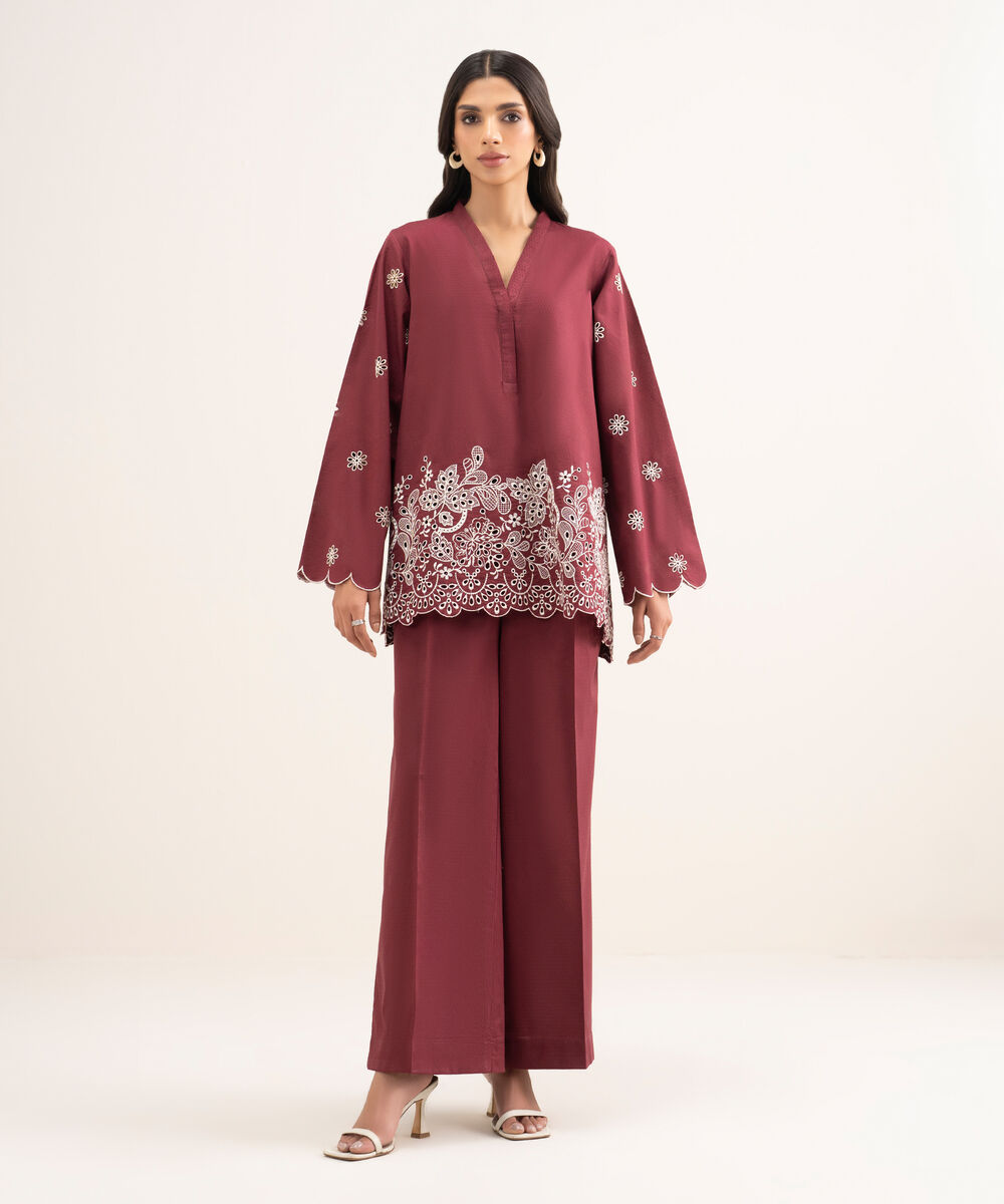 Women's RTW Dobby Embroidered Red Straight Shirt