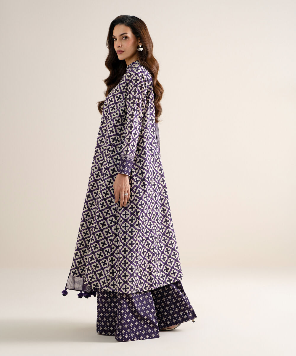 Women's Unstitched Lawn Printed Deep Purple & White  3 Piece Suit