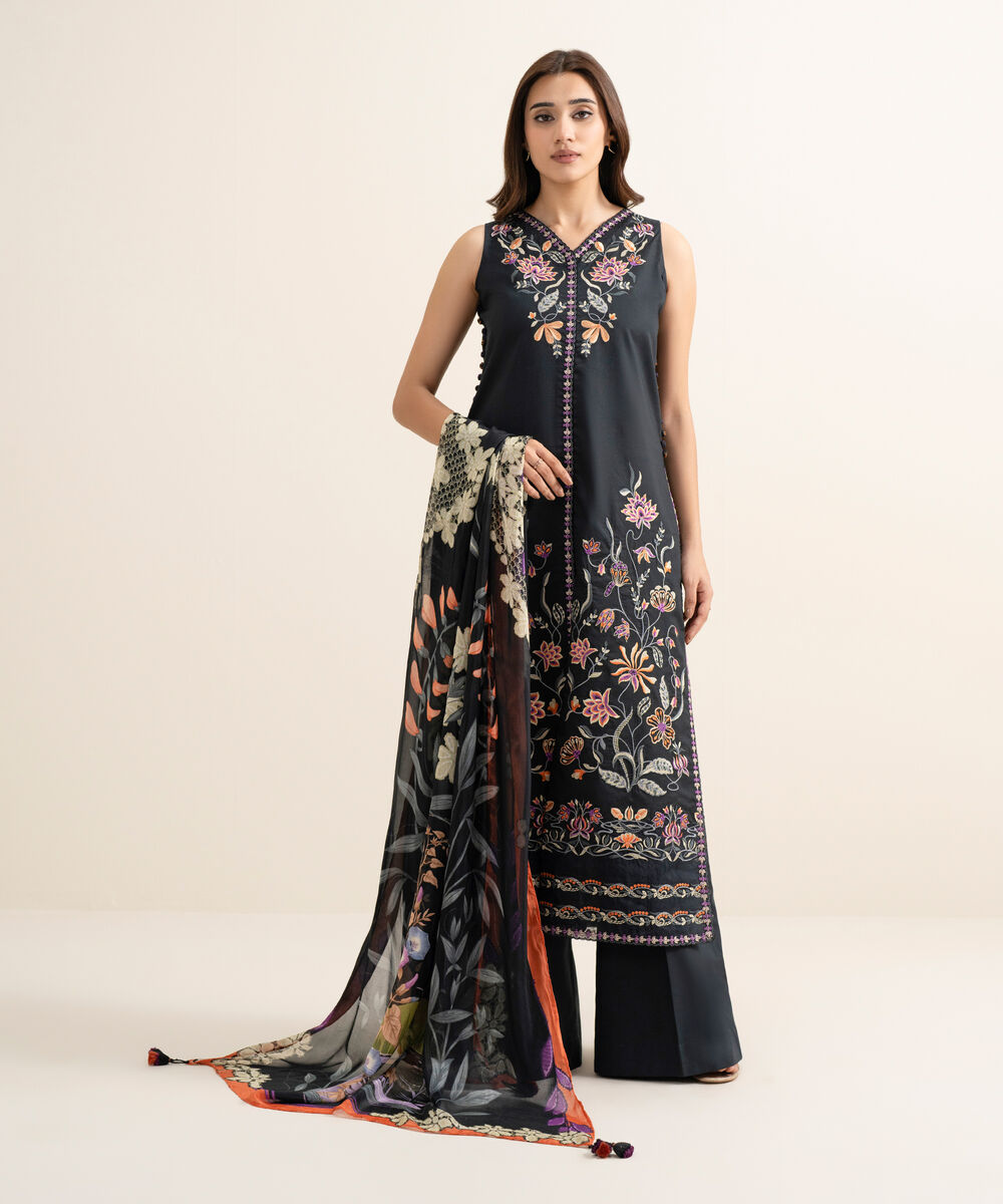 Women's Unstitched Textured Lawn Embroidered Black 3 Piece Suit