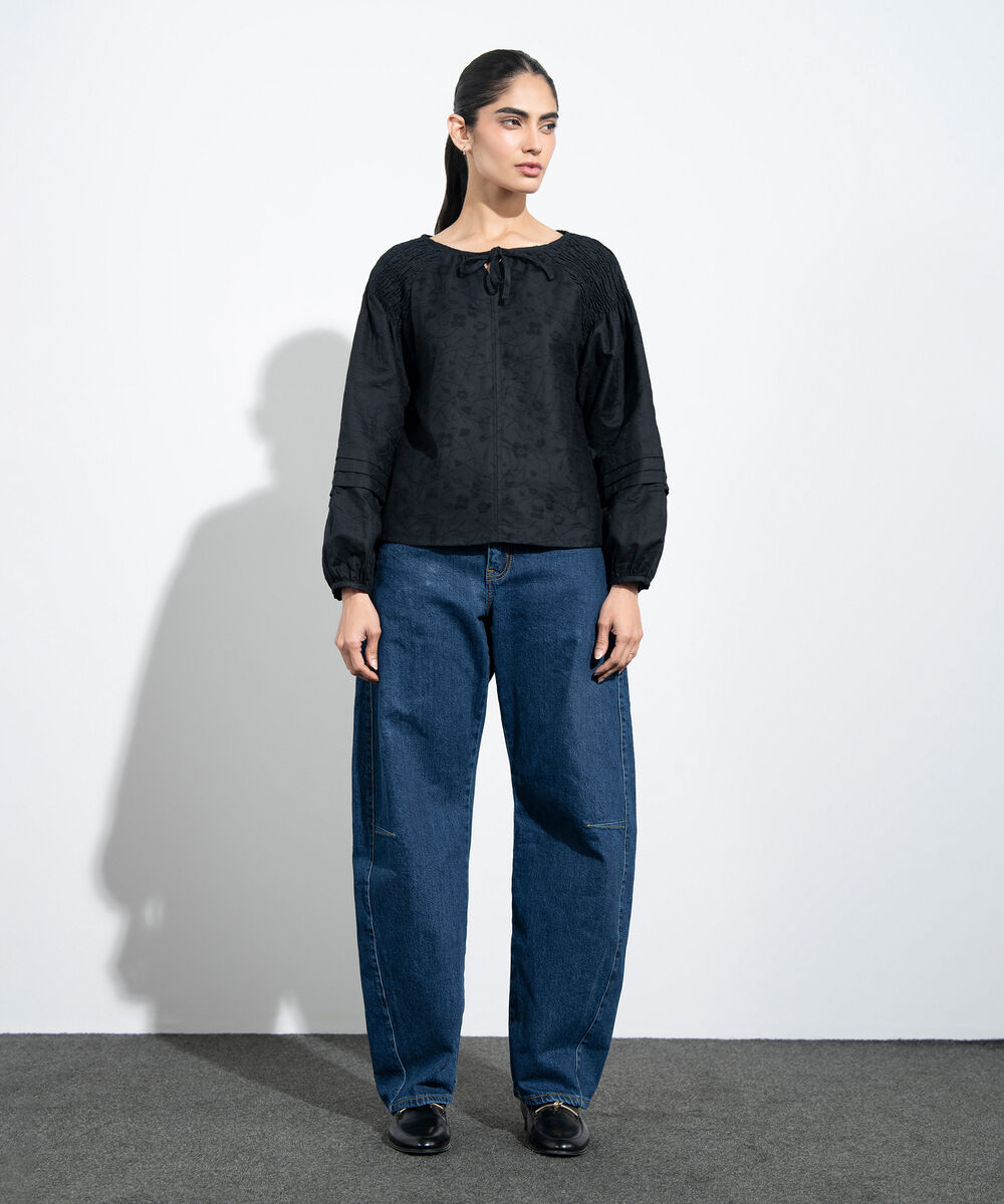 Women's Western Black Floral Textured Jacquard Blouse