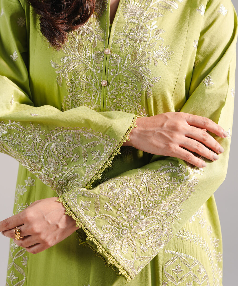 Women's RTW Dobby Embroidered Green 2 Piece Suit
