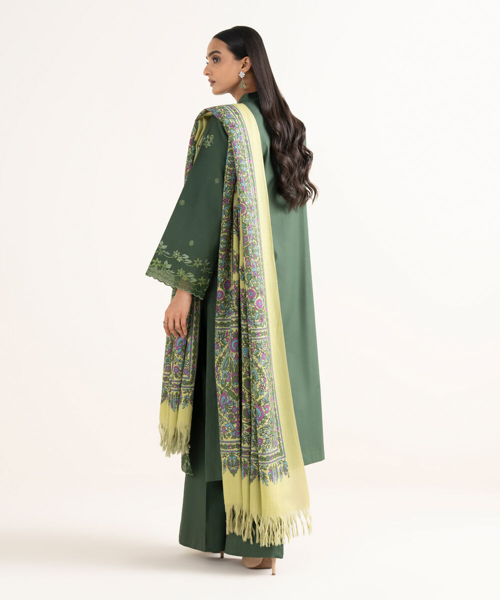 Women's Unstitched Twill Embroidered Green 3 Piece Suit