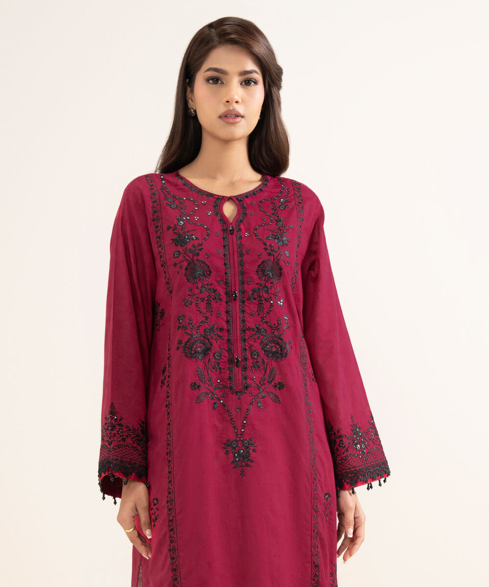 Women's RTW Self Jacquard Embroidered Red A-Line Shirt