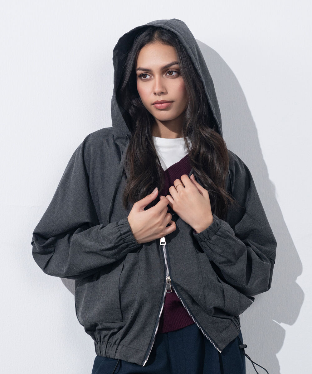 Women's Western Wear Grey Hooded Bomber Jacket