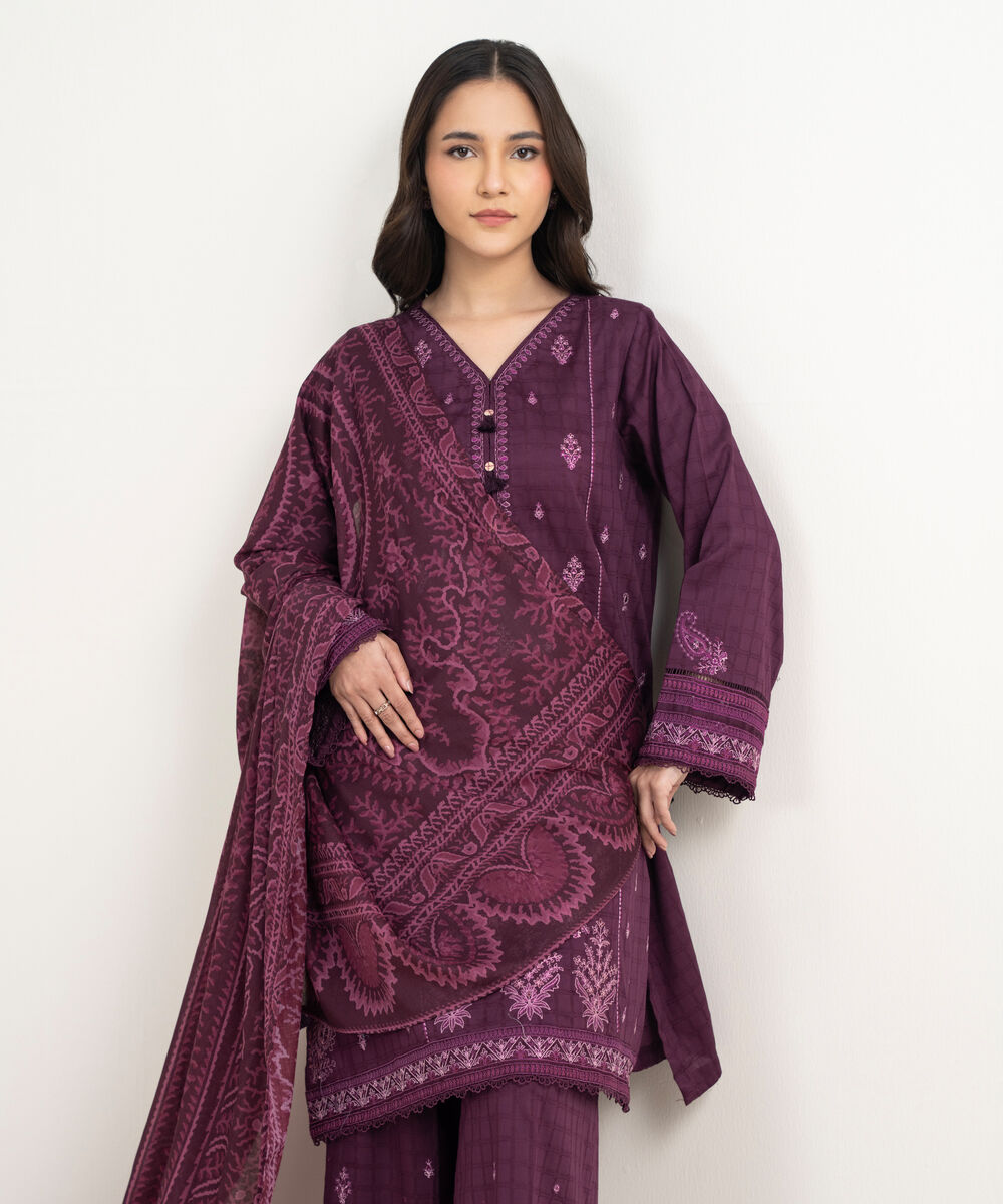 Women's RTW Dobby Embroidered Purple 3 Piece Suit
