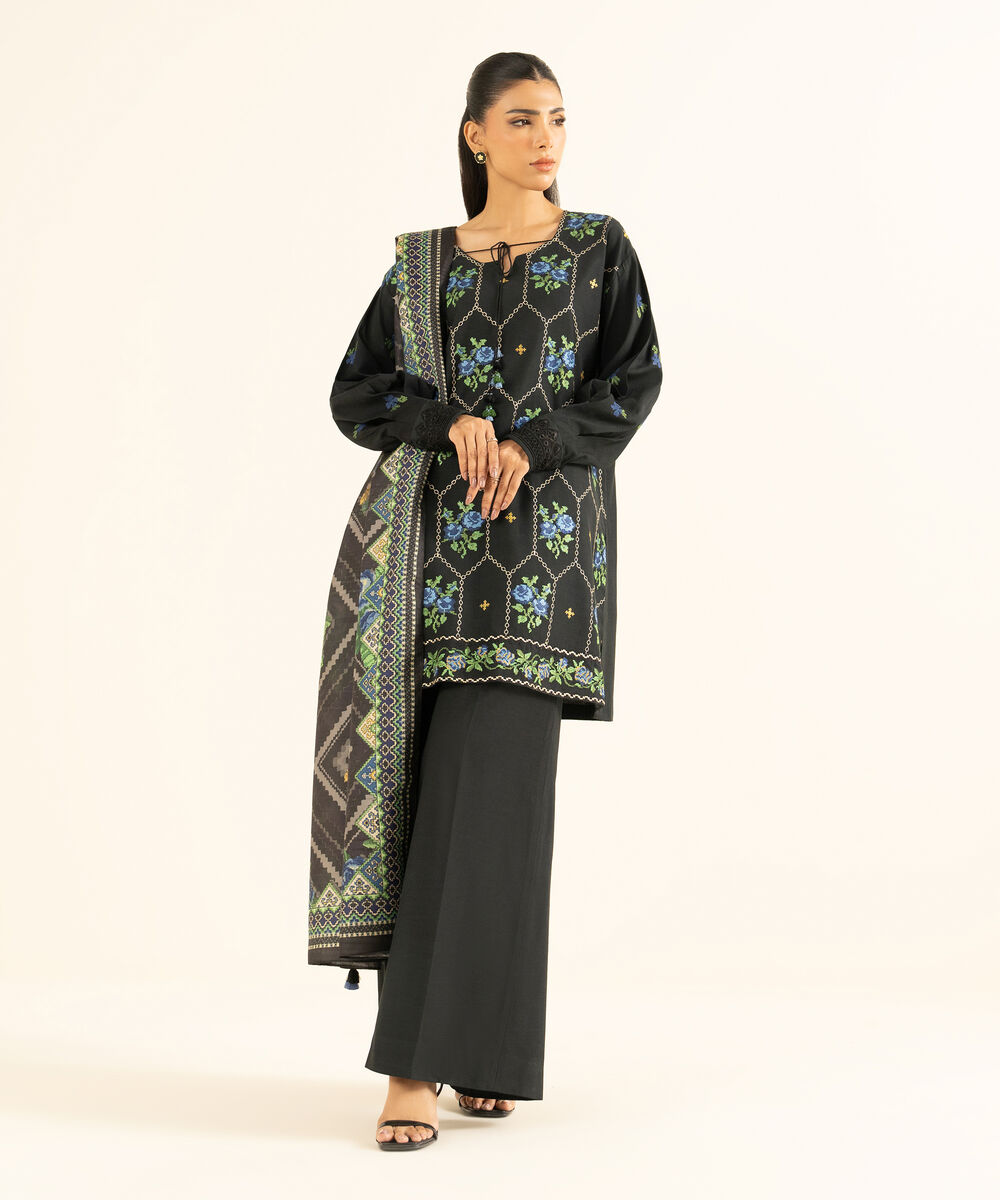 Women's Unstitched Viscose Raw Silk Embroidered Black 3 Piece Suit