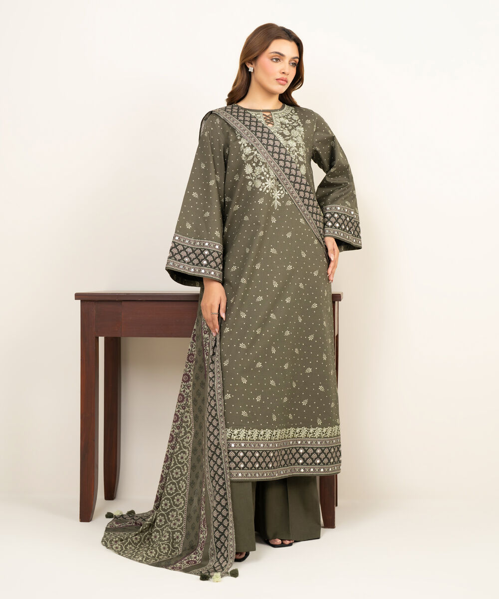 Women's Unstitched Lawn Embroidered Green 3 Piece Suit