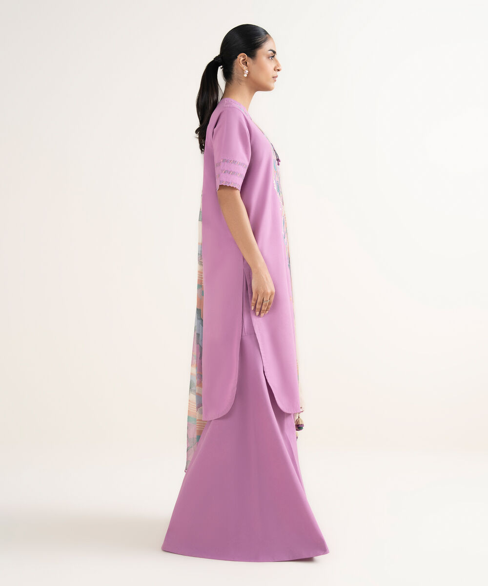 Women's Unstitched Cotton Viscose Embroidered Purple 3 Piece Suit