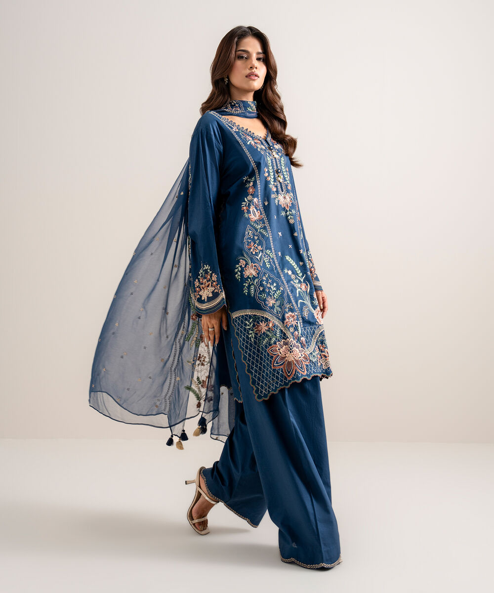 Women's Unstitched Embroidered Cotton Viscose Blue 3 Piece Suit