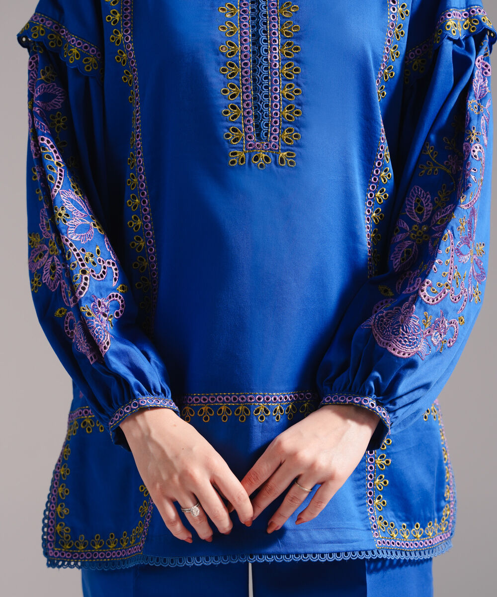 Women's RTW Cotton Satin Embroidered Straight Dark Blue Shirt