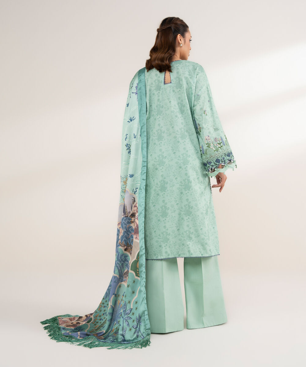 Women's Unstitched Cotton Embroidered Green 3 Piece Suit