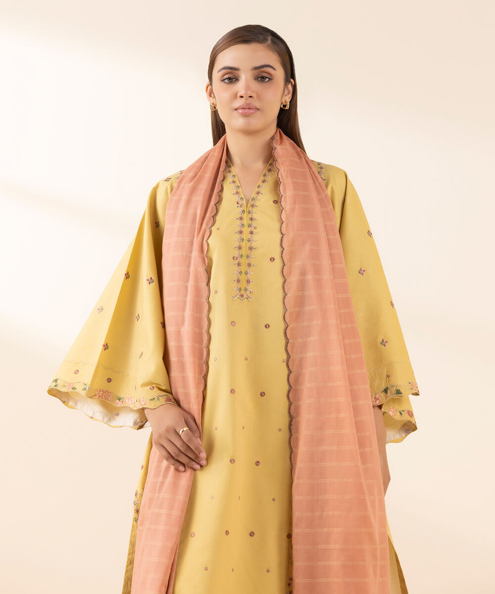 Women's Unstitched Lawn Embroidered Yellow 3 Piece Suit