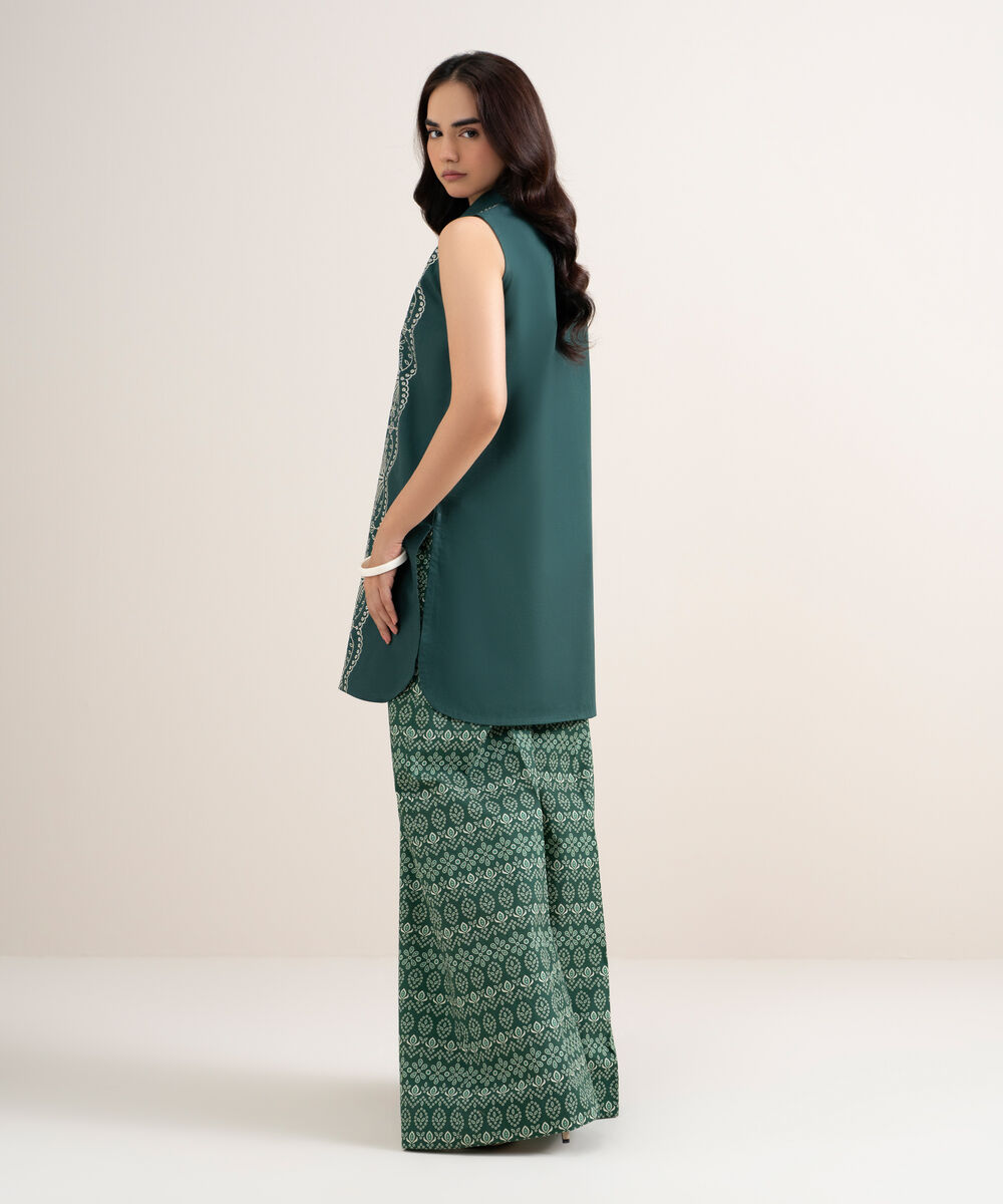 Women's Unstitched Cotton Embroidered Green 2 Piece Suit