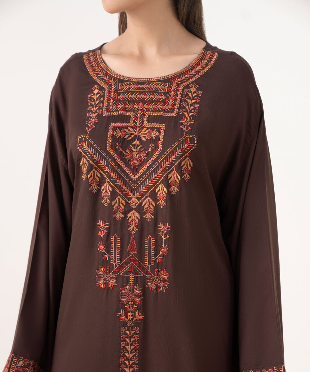 Women's RTW Bedford  Embroidered Brown Drop Shoulder Shirt