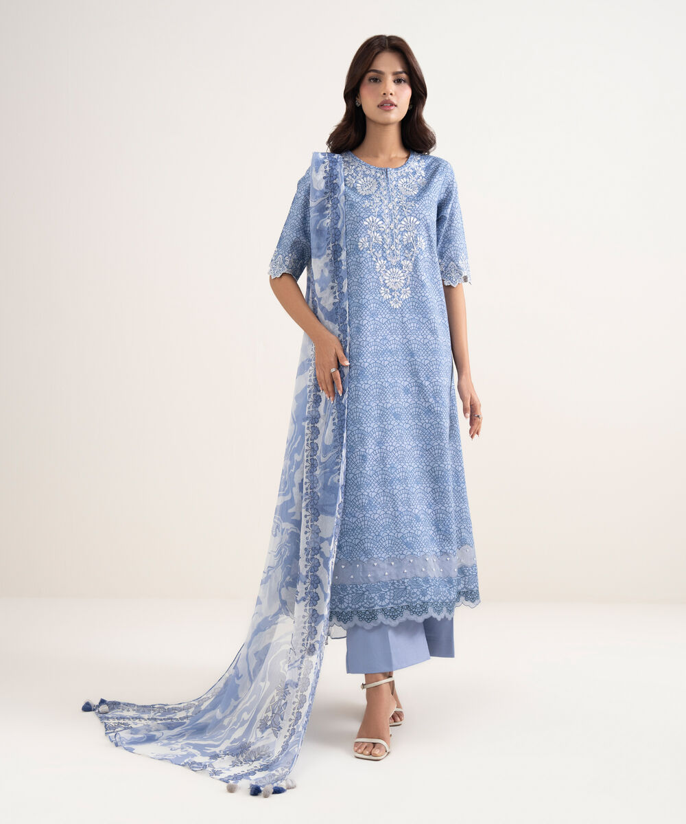 Women's Unstitched Lawn Blue Embroidered 3 Piece Suit