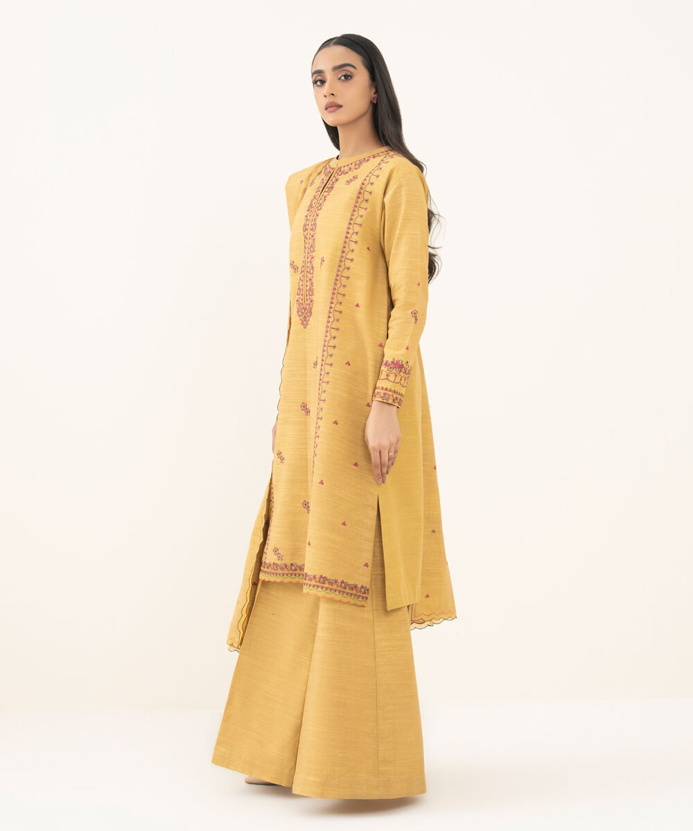 Women's Unstitched Embroidered Cotton Yellow 3 Piece Suit