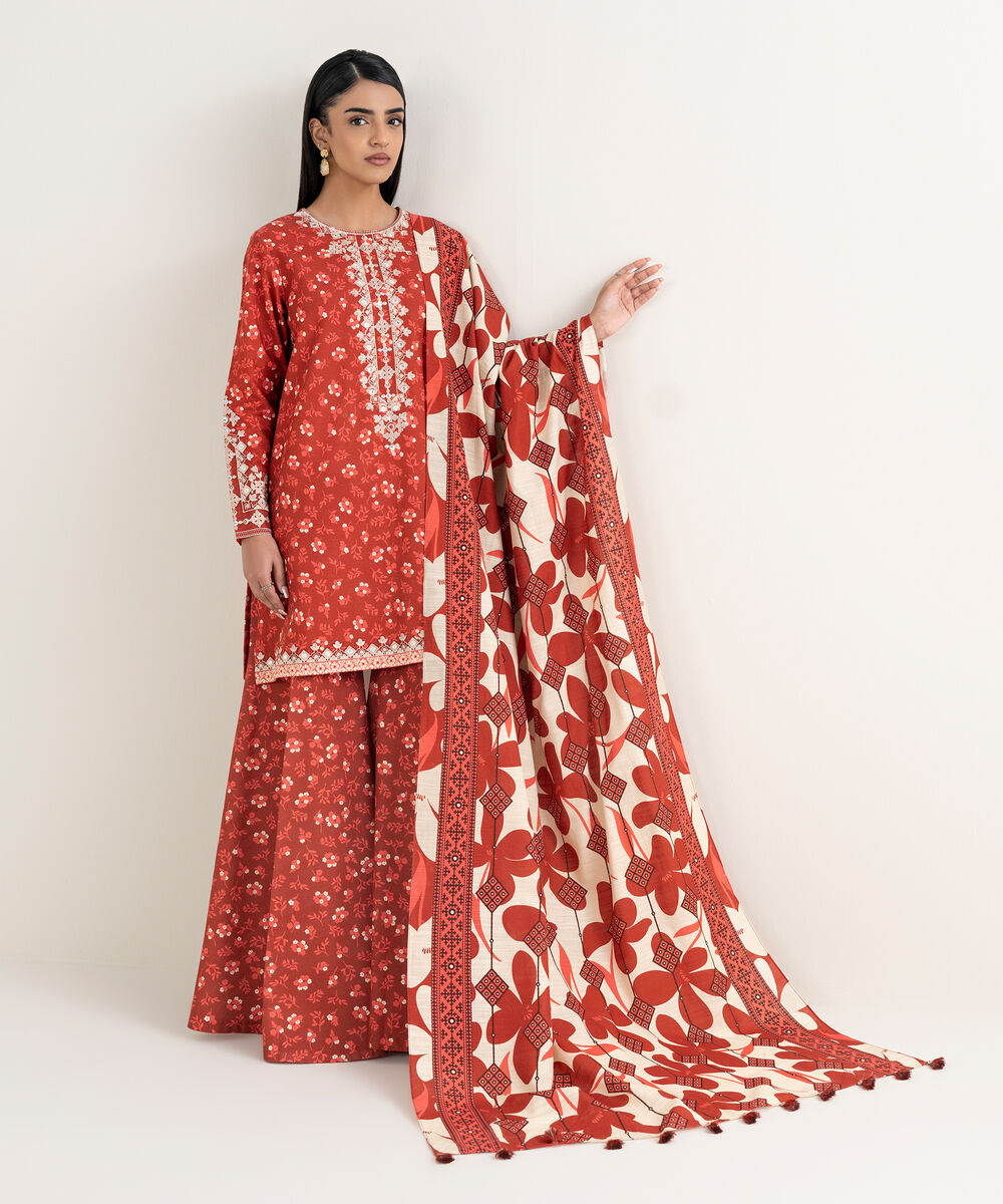 Women's Unstitched Embroidered Khaddar Red 3 Piece Suit