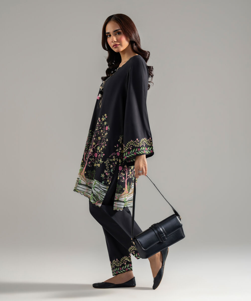 Women's RTW Arabic Lawn Printed Black Straight Shirt