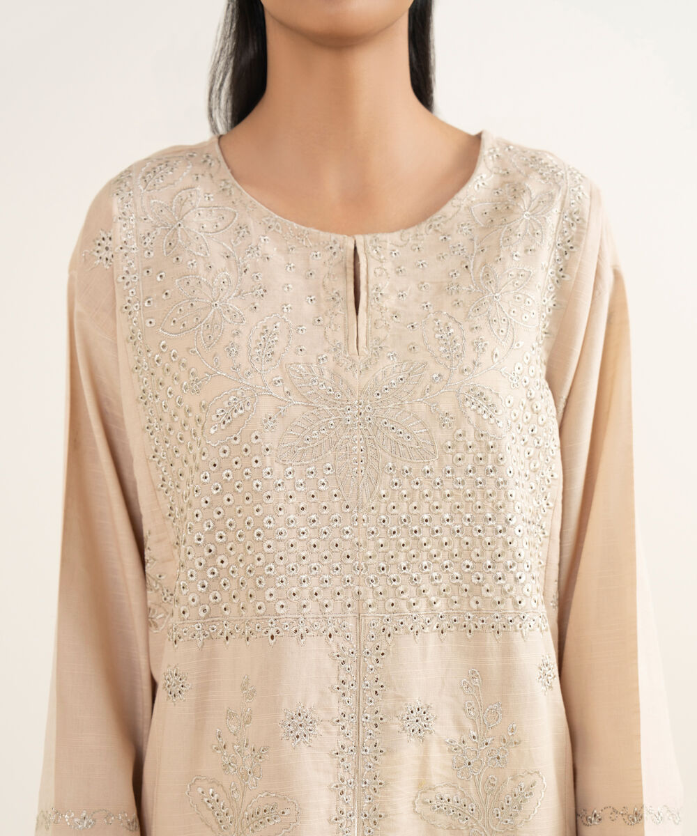 Women's RTW Light Khaddar Embroidered Beige A-Line Shirt