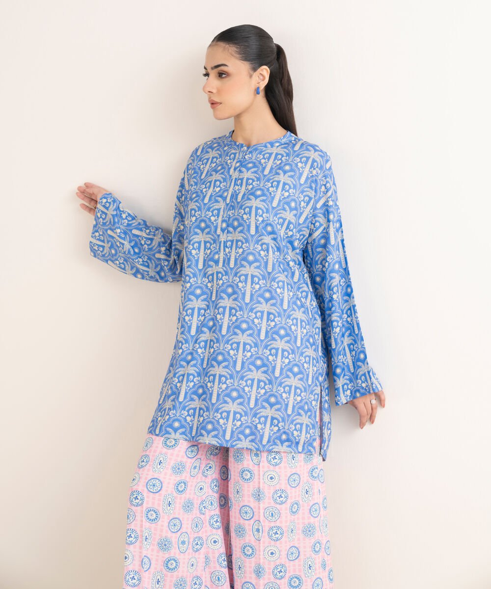 Women's RTW Linen Viscose Printed Blue Drop Shoulder Shirt